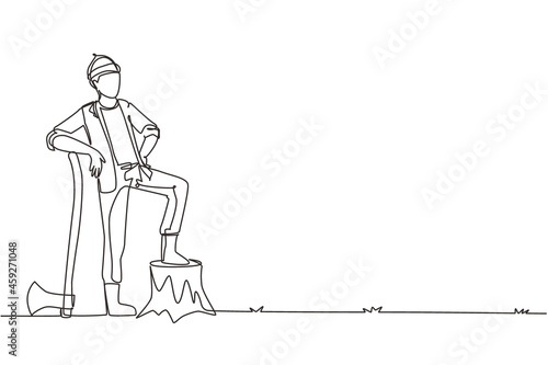 Single continuous line drawing smiling lumberjack wearing workwear and beanie hat, standing with axe and posing with one foot on a tree stump. Dynamic one line draw graphic design vector illustration