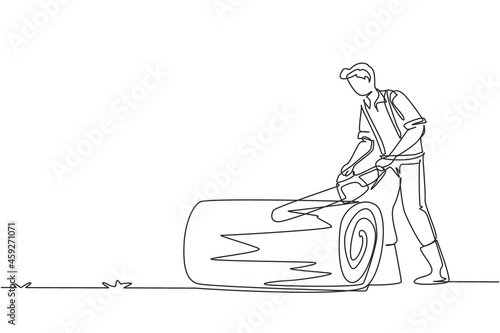 Single one line drawing wood industry worker with chainsaw working. Man logger sawing log in forest. Lumberjack cut timberwood, woodcutter occupation. Continuous line draw design vector illustration