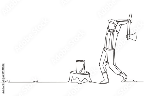 Continuous one line drawing woodcutter or lumberjack chopping wood with axe. Wearing shirt, jeans and boots. Man with ax in his hands cuts tree. Single line draw design vector graphic illustration