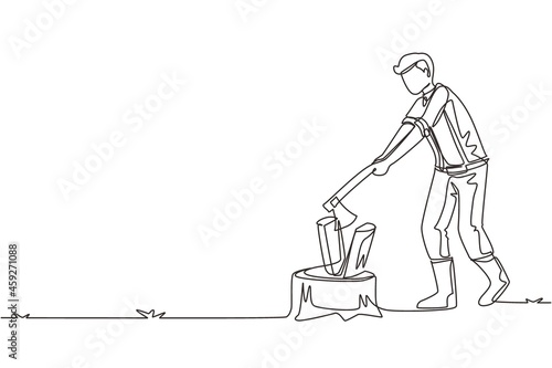 Continuous one line drawing woodman or lumberman in checkered shirt and sling pants chopping wood with ax on tree stump. Man with ax in his hands cuts tree. Single line draw design vector illustration