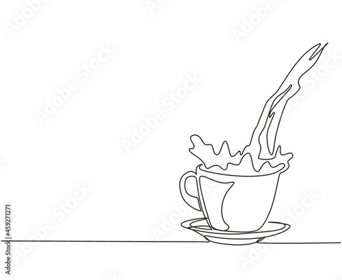Continuous one line drawing pouring cup of black coffee creating splash. Coffee spilling out of cup. Pour coffee into porcelain glass with steam cup. Single line draw design vector illustration