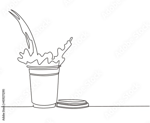 Single one line drawing pouring coffee into paper cup causing splash. Coffee pouring into disposable paper cup and creating splashes. Modern continuous line draw design graphic vector illustration