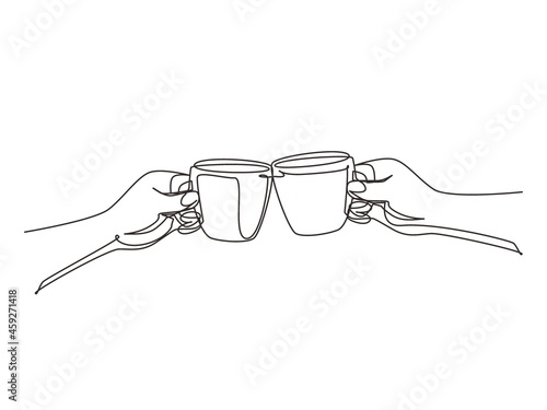 Single continuous line drawing hands with cups of hot coffee or hot tea. Clink glasses with two cups of coffee. Close-up cropped view of two hands holding cup and toast. One line draw design vector