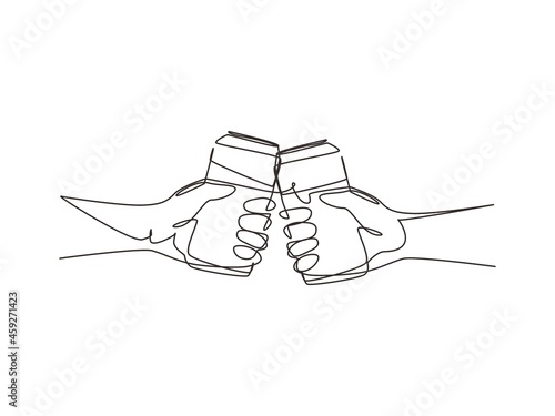 Single continuous line drawing couple is toasting with aluminum can and drink soda. Close-up cropped view of two human hands holding can and toast. One line draw graphic design vector illustration
