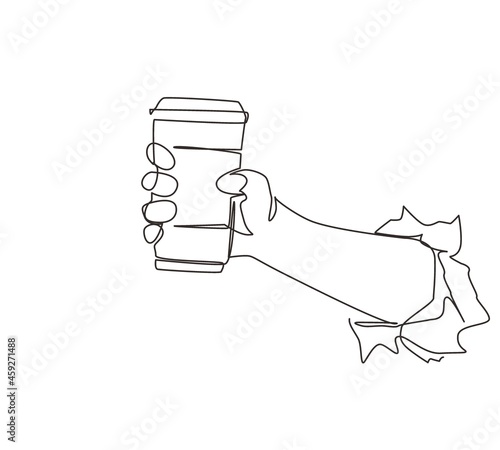 Continuous one line drawing hand holding disposable paper black coffee cup through torn white paper. Energy boost  hot drink in take-away package. Single line draw design vector graphic illustration