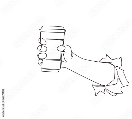 Continuous one line drawing hand holding disposable paper black coffee cup through torn white paper. Energy boost, hot drink in take-away package. Single line draw design vector graphic illustration
