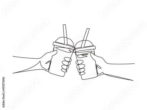 Single one line drawing two hands holding plastic cup bubble tea is toasting and clinking. Brown sugar flavor tapioca pearl bubble milk tea with glass straw. Continuous line draw design graphic vector