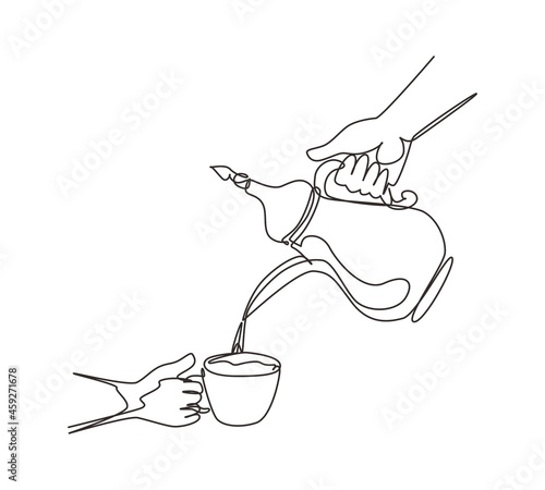 Single continuous line drawing hand pouring hot black coffee from traditional Arabic coffee pot into cup. Brewing coffee at family party. Stainless steel pot. One line draw design vector illustration