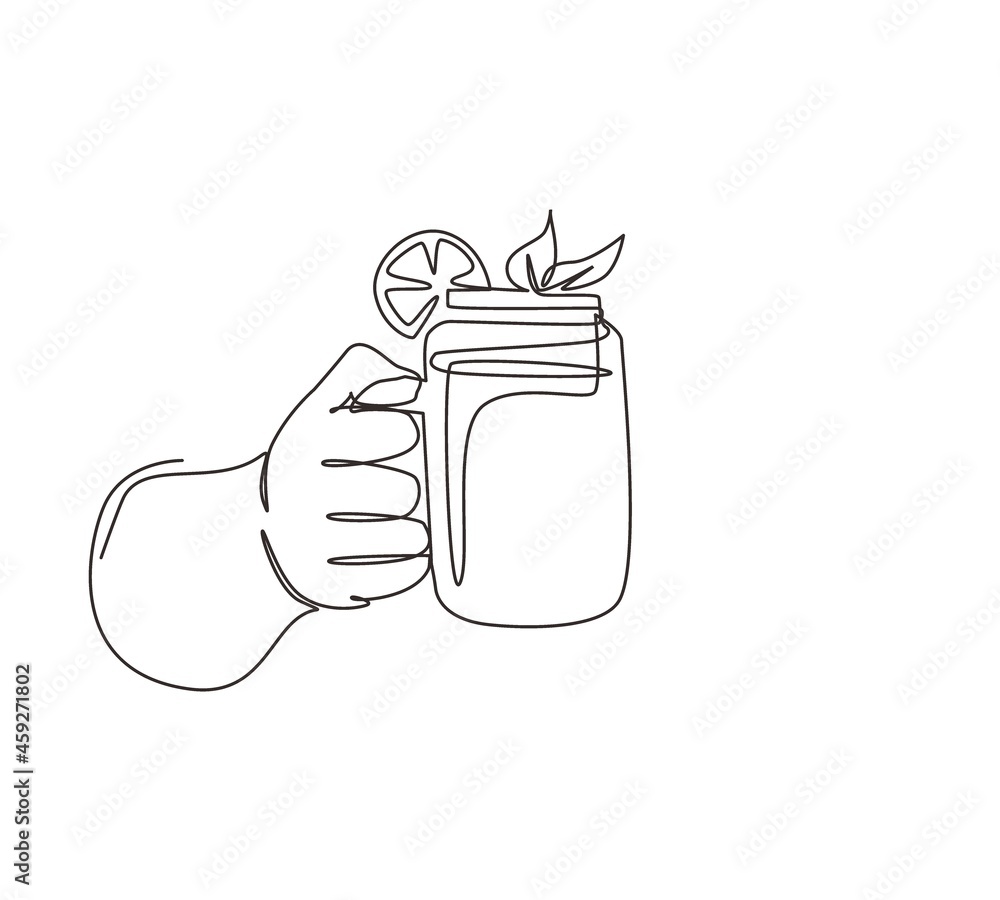 Continuous one line drawing hands hold refreshing detox lemonade drink