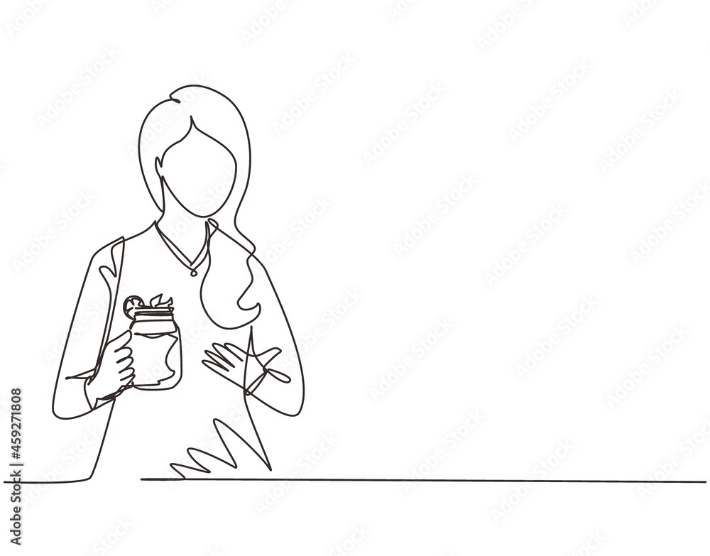 Continuous one line drawing pretty woman holds and show mug of lemonade with ice in hand. Young girl wearing shirt having morning breakfast with orange juice. Single line draw design vector graphic Continuous one line drawing pretty woman holds and show mug of lemonade with ice in hand. Young girl wearing shirt having morning breakfast with orange juice. Single line draw design vector graphic
