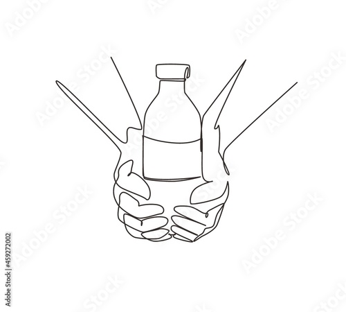 Single one line drawing hands hold glass bottles of plant based lactose free milk, has healthy nutrition. Non dairy alternative beverage. Modern continuous line draw design graphic vector illustration