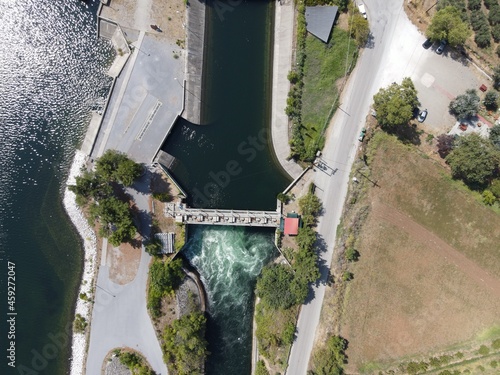 Aerial View Hydroelectric Station Of  Aliacmon River Artificial Lake In Agia Varvara Near Veria City Imathia Greece, Macedonia. photo