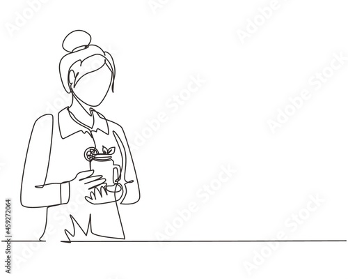 Single continuous line drawing young woman teacher hand holding mug of orange juice at office in morning daylight. Leisure time before start teaching at university. One line draw graphic design vector