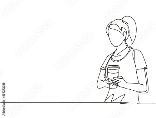 Continuous one line drawing waitress holding and serving paper cup of hot coffee in cafe. Beautiful young woman showing hot drink in disposable paper cup. Single line draw design vector illustration