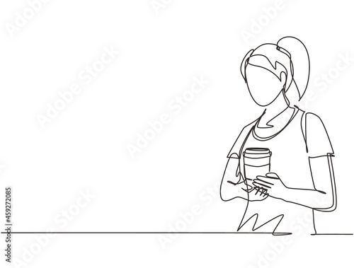 Continuous one line drawing waitress holding and serving paper cup of hot coffee in cafe. Beautiful young woman showing hot drink in disposable paper cup. Single line draw design vector illustration