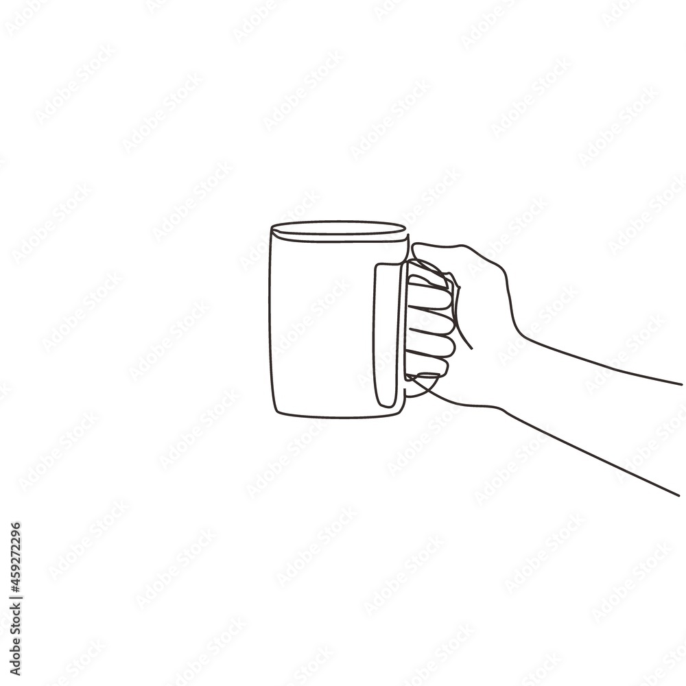 Single one line drawing human hand is holding a ceramic cup with coffee or tea. Hand holds a hot mug by the handle. Relax time in the morning. Continuous line draw design graphic vector illustration Single one line drawing human hand is holding a ceramic cup with coffee or tea. Hand holds a hot mug by the handle. Relax time in the morning. Continuous line draw design graphic vector illustration