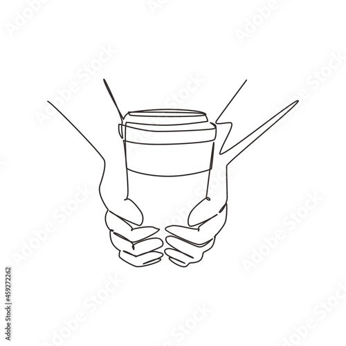 Single one line drawing take away retro illustration of vintage stylized human hands hold paper cup of hot coffee. Coffee break refreshment from work. Modern continuous line draw design graphic vector