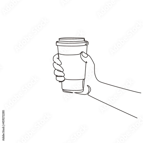 Single one line drawing hands in side view hold paper to go take away coffee or tea cups. Hand holding reusable mug of hot coffee. Zero waste. Continuous line draw design graphic vector illustration