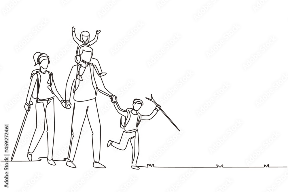 Single continuous line drawing happy family is hiking in the forest. Father, mother and children hiking and camping with backpack at nature. Dynamic one line draw graphic design vector illustration
