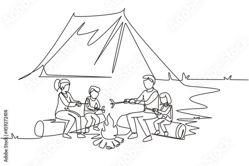 Continuous one line drawing happy family sit by campfire. Cheerful tourists, campers. Mom dad and kids roast sausage. Night camping adventure trip. Single line draw design vector graphic illustration
