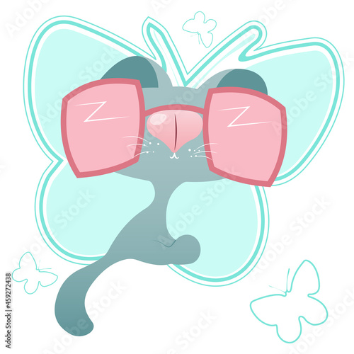 grey cat pink glass sunglass stickers smile emotions butterfly © Anastasia
