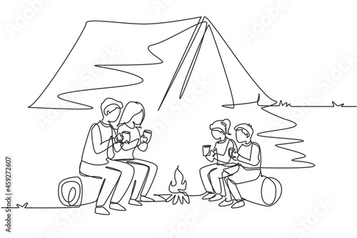 Single continuous line drawing happy family camping with campfire at night. Drinking tea sitting on logs in forest. Father, mother and children hiking concept. One line draw design vector illustration