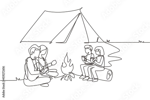 Continuous one line drawing tourist family camping with campfire and drinking hot tea. Kids sitting on logs. Dad playing guitar and sit on ground with mom. Single line draw design vector illustration