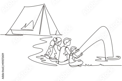 Continuous one line drawing happy family camping. Man, woman, children, family hikers fishing with fishing rod. Summer camper vacation near river in forest. Single line draw design vector illustration