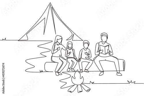 Continuous one line drawing happy family at summer camping spending time together. Dad reading books near campfire. Mom, son, daughter listen the story. Single line draw design vector illustration