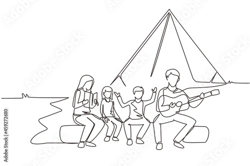 Single one line drawing family fun at summer camping spending time together. Dad playing guitar and sing with son. Mom reading story book with daughter. Continuous line draw design vector illustration