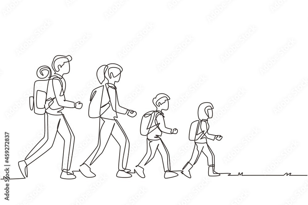 Single continuous line drawing man, woman, children, family hikers traveling trekking with backpacks in mountains forest. Trip and holiday concept. One line draw graphic design vector illustration