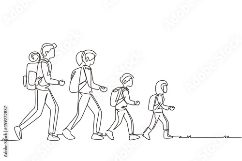 Single continuous line drawing man, woman, children, family hikers traveling trekking with backpacks in mountains forest. Trip and holiday concept. One line draw graphic design vector illustration