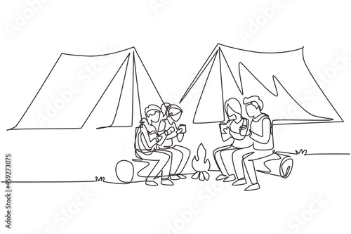 Continuous one line drawing two pair man and woman getting warm near bonfire. Group of people camping drinking tea sitting on logs and man playing guitar. Single line draw design vector illustration