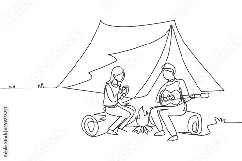 Single continuous line drawing man woman getting warm near campfire. Girl drinking tea and guy playing guitar, sitting on logs. Couple near bonfire, romantic date camping. One line draw design vector