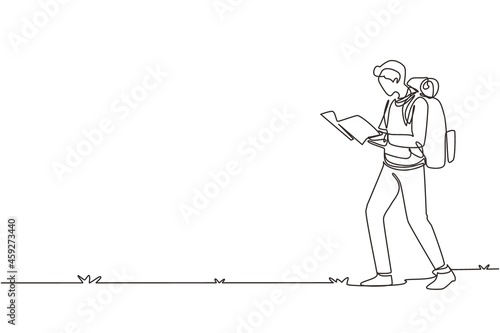 Continuous one line drawing man traveler with backpack and map walks to mountain. Tourist top goal achievement route. Male hiker outdoor and climbing peak. Single line draw design vector illustration