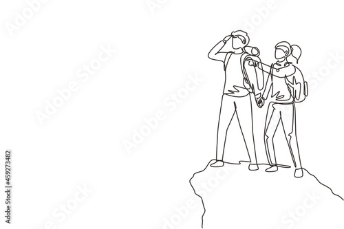 Single continuous line drawing couple man woman hiker at top of mountain looking into distance. Adventure in mountainous terrain. Exploration, hiking, adventure, journey. One line draw design vector