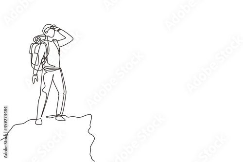 Continuous one line drawing man hiker at the top of the mountain looking into distance. Adventure in mountainous terrain. Exploration, hiking, adventure. Single line draw design vector illustration