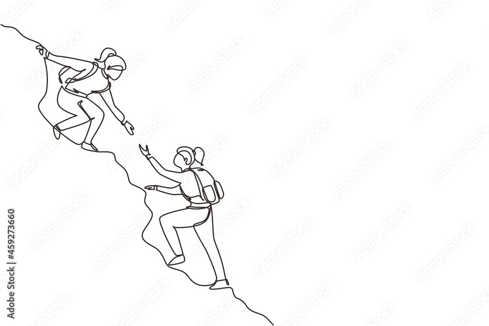 Single one line drawing two woman help each other to climb up the mountain. Help hand, hope and support. Business, success, leadership, achievement and goal concept. Continuous line draw design vector Single one line drawing two woman help each other to climb up the mountain. Help hand, hope and support. Business, success, leadership, achievement and goal concept. Continuous line draw design vector