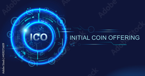 ICO Initial coin offering banner for financial investment, cryptocurrency, blockchain, coin and digital asset. Futuristic vector landing page concept background. photo