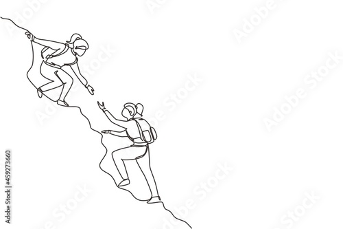 Single one line drawing two woman help each other to climb up the mountain. Help hand, hope and support. Business, success, leadership, achievement and goal concept. Continuous line draw design vector