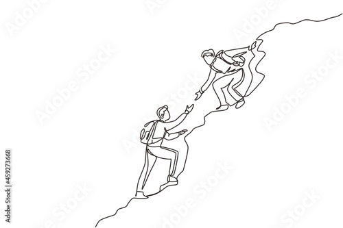 Single one line drawing two men hiker helping each other on top of mountain. Teamwork hiking help each other trust assistance. Achievement goal concept. Continuous line draw design vector illustration