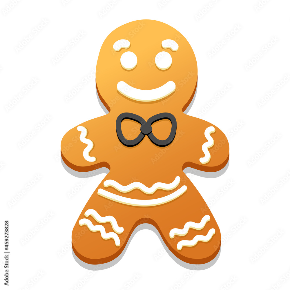 Obraz premium Gingerbread man with a black bow tie on a white background 