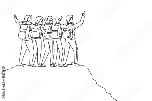 Single continuous line drawing friend group of hikers hugging together for successful reaching top of mountain. Success, achievement and goal concept. One line draw graphic design vector illustration