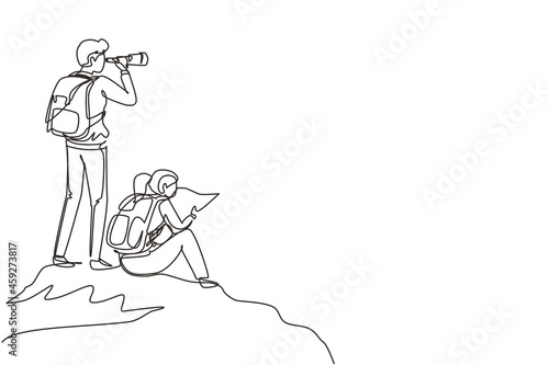 Continuous one line drawing couple hikers man woman with backpacks, binocular, and hiking gear reading route map. Looking for direction, checking location. Single line draw design vector illustration