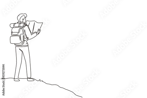 Single continuous line drawing man hiker with backpack and map hiking in mountains or forest and exploring nature. Active outdoor travelling. Dynamic one line draw graphic design vector illustration