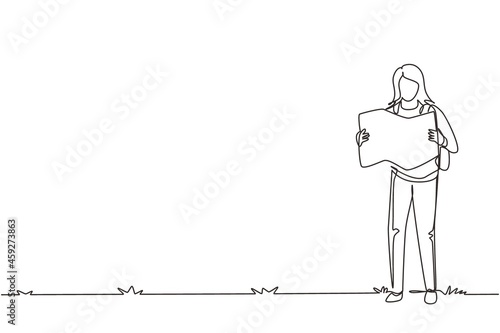 Continuous one line drawing cute teenage girl carrying heavy backpack examining map in mountains. Healthy lifestyle and tourism concept. Outdoor traveling. Single line draw design vector illustration