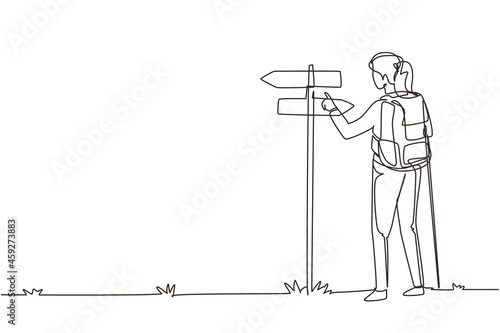 Single continuous line drawing woman hiker standing near direction sign or pointer. Girl with backpacks searching for location. Gets lost on nature. One line draw graphic design vector illustration