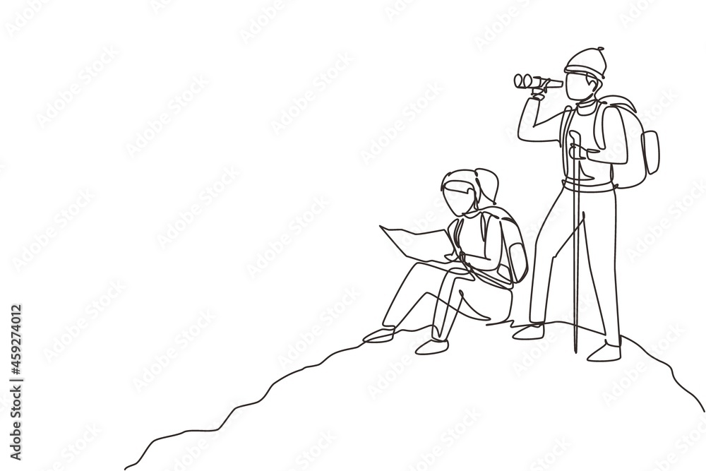 Continuous one line drawing couple man woman hikers with backpacks