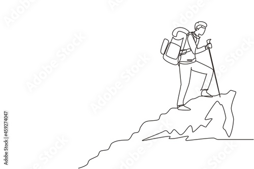 Single continuous line drawing young hiker with backpack on top of mountain. Trekking man simple sketch, Outdoor activity. Happy hikers, tourists or climbers. One line draw design vector illustration