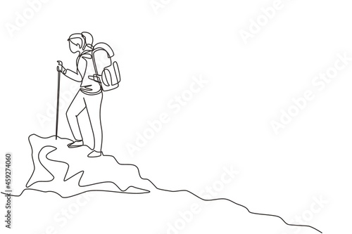 Single continuous line drawing woman climbing up cliff or mountain. Funny hikers, tourists or climbers isolated on white background. Happy girl hiking or trekking. One line draw vector illustration